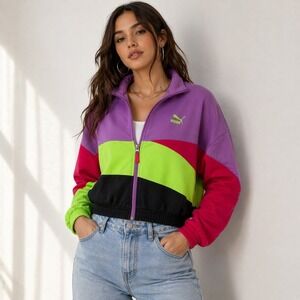 Puma Retro Colorblock Track Jacket‎ L 90s Streetwear Cropped Purple Green Pink